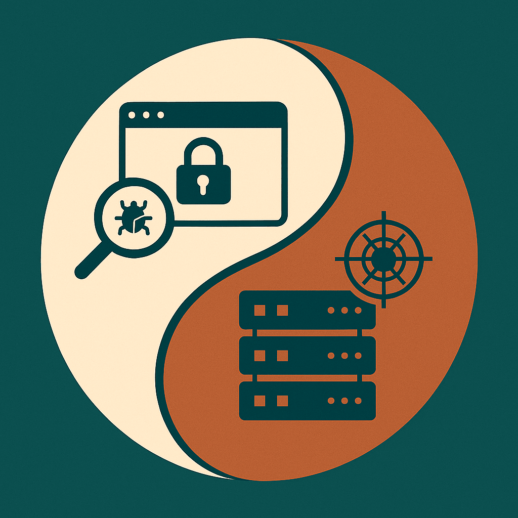 Illustration des menaces de cybersécurité avec une séparation entre attaques externes de hackers et vulnérabilités web comme le XSS. À gauche, un hacker avec un pare-feu et un globe symbolise les attaques externes. À droite, une tête stylisée avec l'inscription XSS représente les menaces web comme le cross-site scripting.