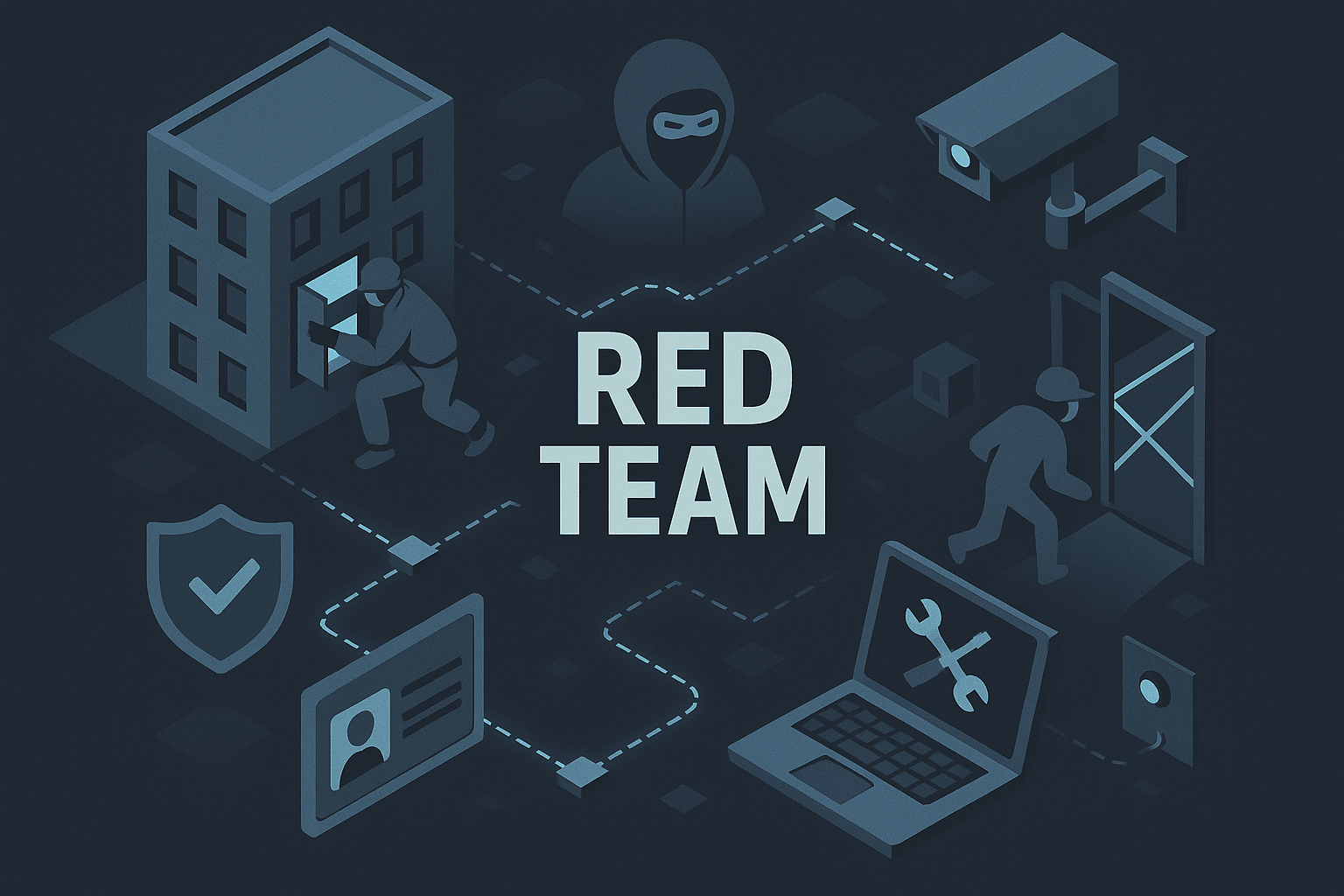 Illustration d'un exercice Red Team en cybersécurité avec intrusion physique, contournement de la surveillance, et outils de hacking