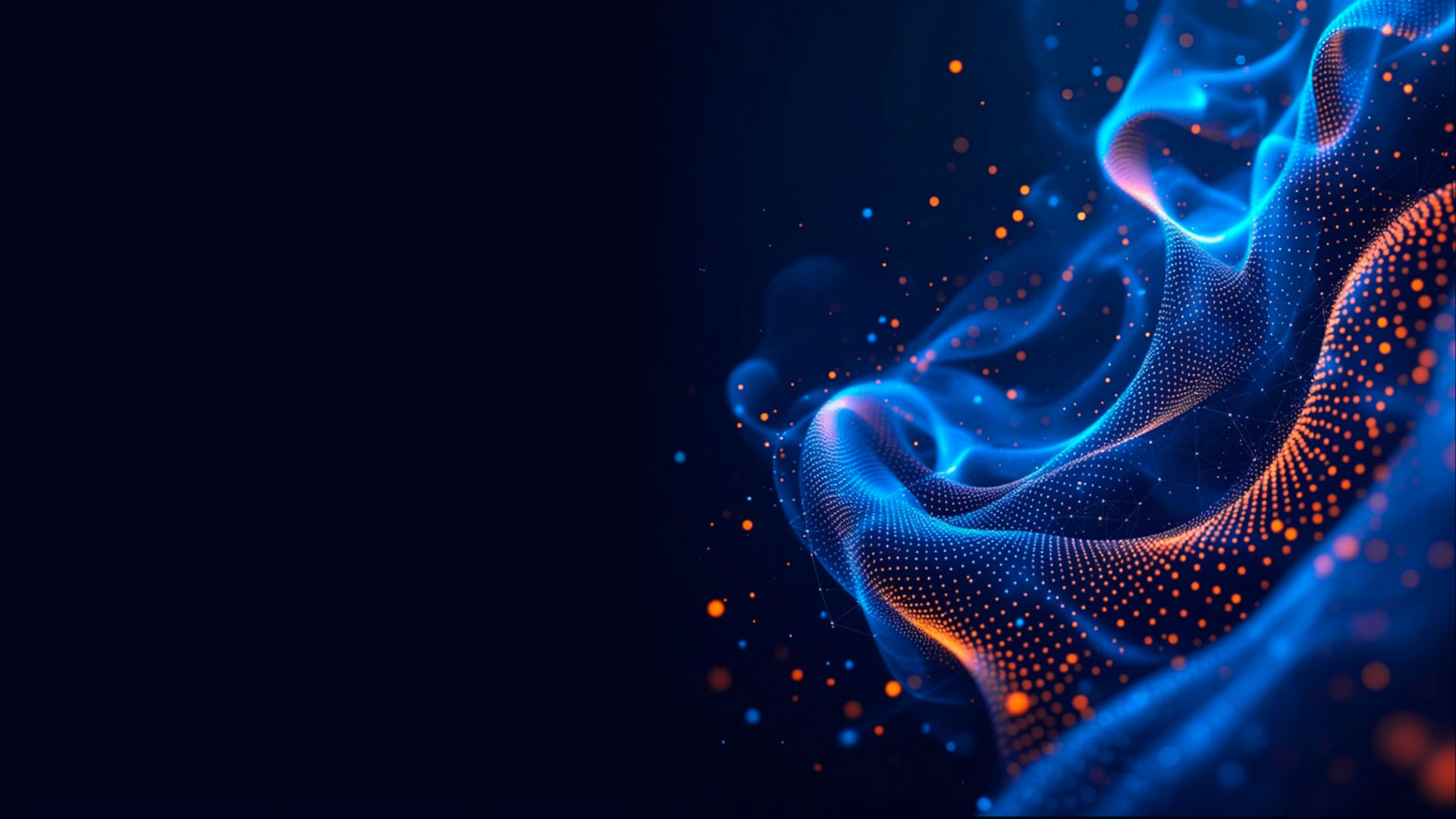 Arrière-plan abstrait avec un nuage de points bleu clair et orange sur fond bleu sombre