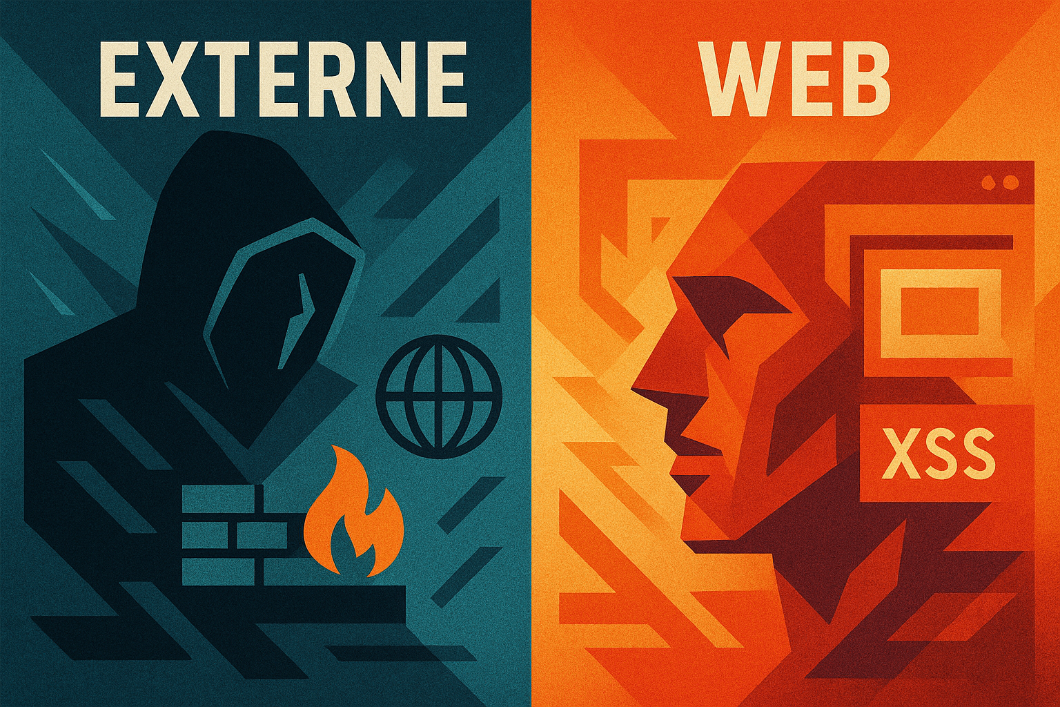 Illustration des menaces de cybersécurité avec une séparation entre attaques externes de hackers et vulnérabilités web comme le XSS. À gauche, un hacker avec un pare-feu et un globe symbolise les attaques externes. À droite, une tête stylisée avec l'inscription XSS représente les menaces web comme le cross-site scripting.