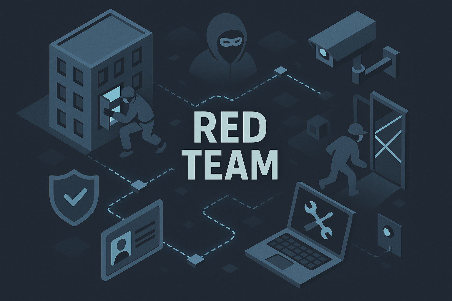 Illustration d'un exercice Red Team en cybersécurité avec intrusion physique, contournement de la surveillance, et outils de hacking